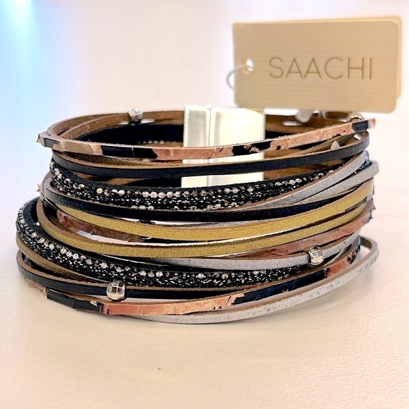 Brand New Multi-Strap Genuine Leather Wrap Magnetic Metallic Stack Bracelet - Picture 3 of 13
